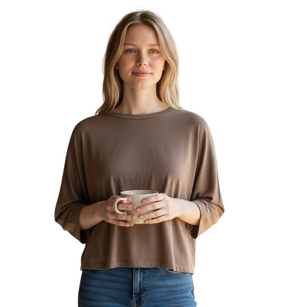 ZARA Basic Linen Blend Dolman Sleeve Cropped Sweater Brown‎ Effortless S